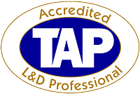 Gold and blue TAP Accredited L&D Professional badge in an oval shape.