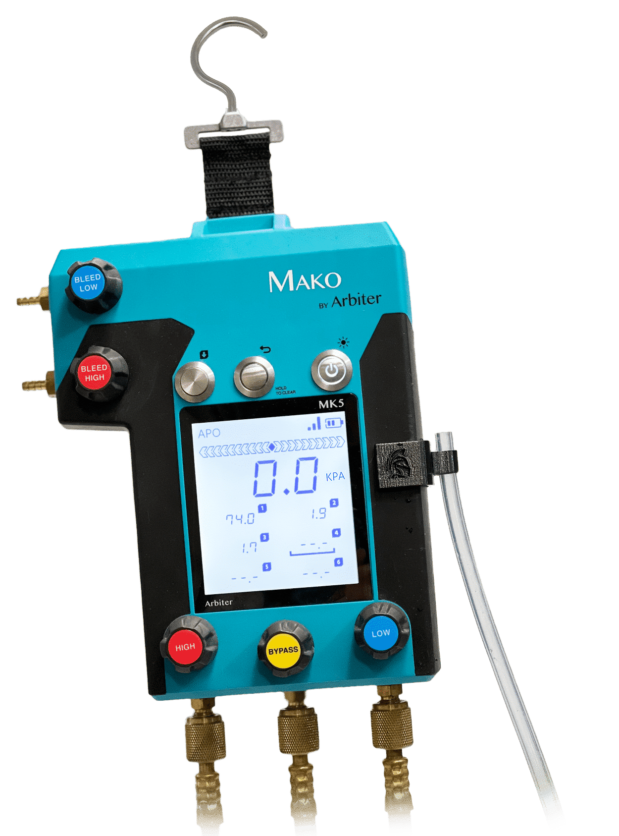 Blue Mako backflow tester device with digital screen and multiple knobs and valves.