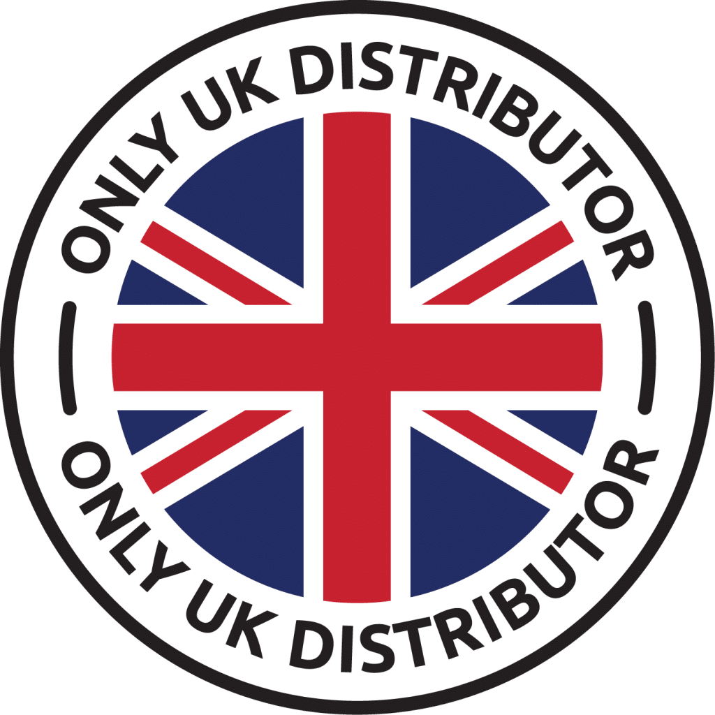 UK flag badge with the text "ONLY UK DISTRIBUTOR" in a circular design around the flag.
