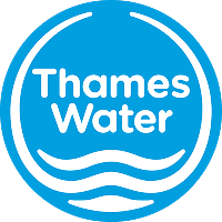 Thames Water logo with white text and wavy lines on a blue circular background.